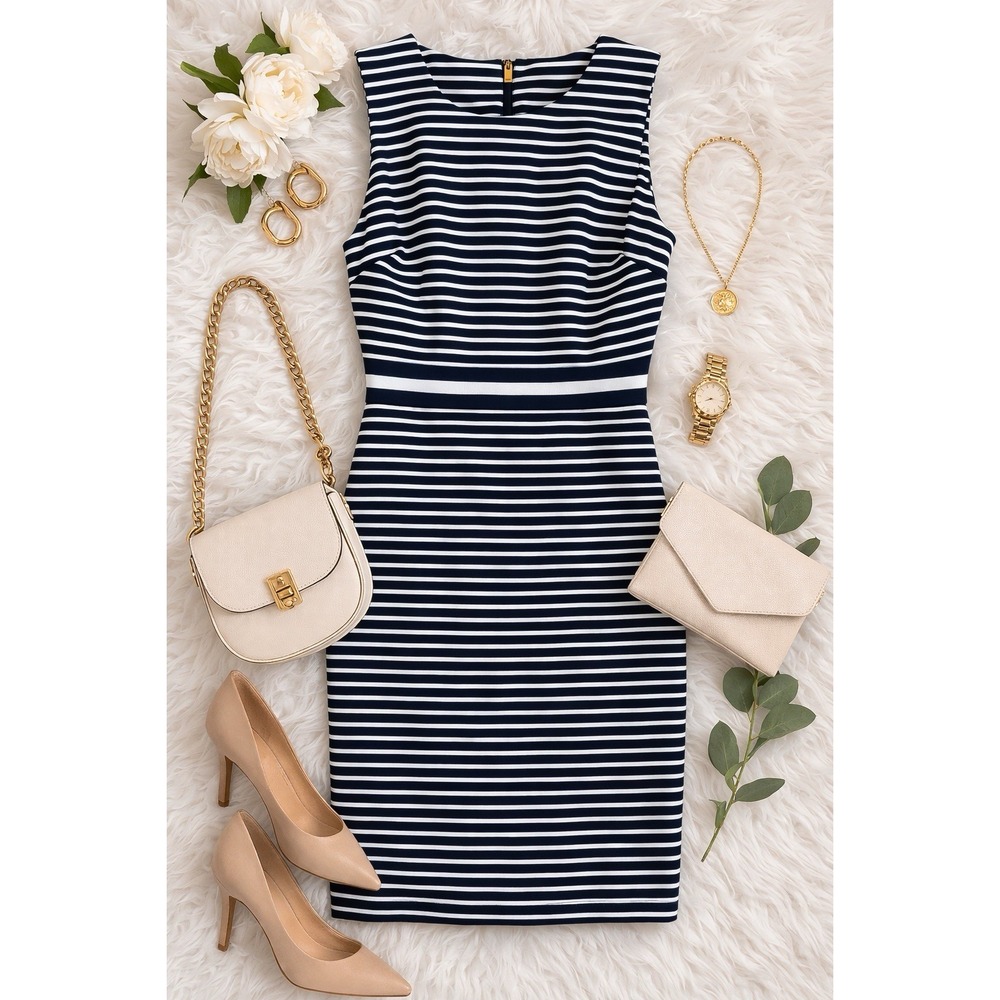 Draper James‎ Navy White Striped Sheath Dress Women Small Sleeveless Preppy
